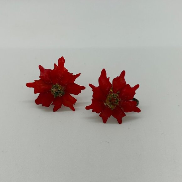 Vintage Poinsettia Brooches 1940s WWII Era Acrylic 4 Pins and Earrings Floral - Picture 11 of 16